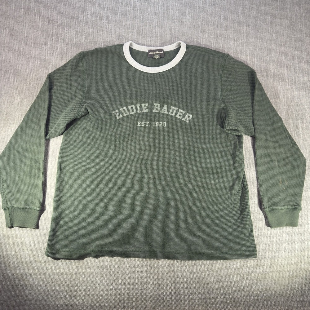 Eddie Bauer Shirt Mens XLT Green Thermal Long Sleeve Logo Graphic Tee Ringer